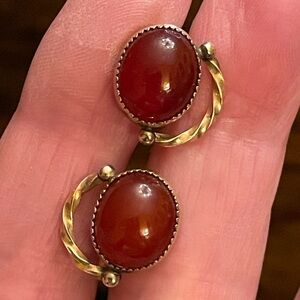 Gold Carnelian Screw On Earrings-Vintage